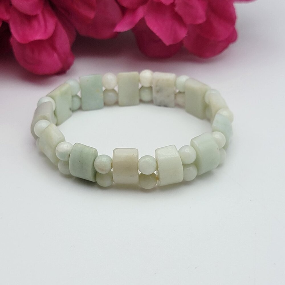 Natural Light Green Jade Geometric Beads Stretch Bracelet 6.5" Adjustable